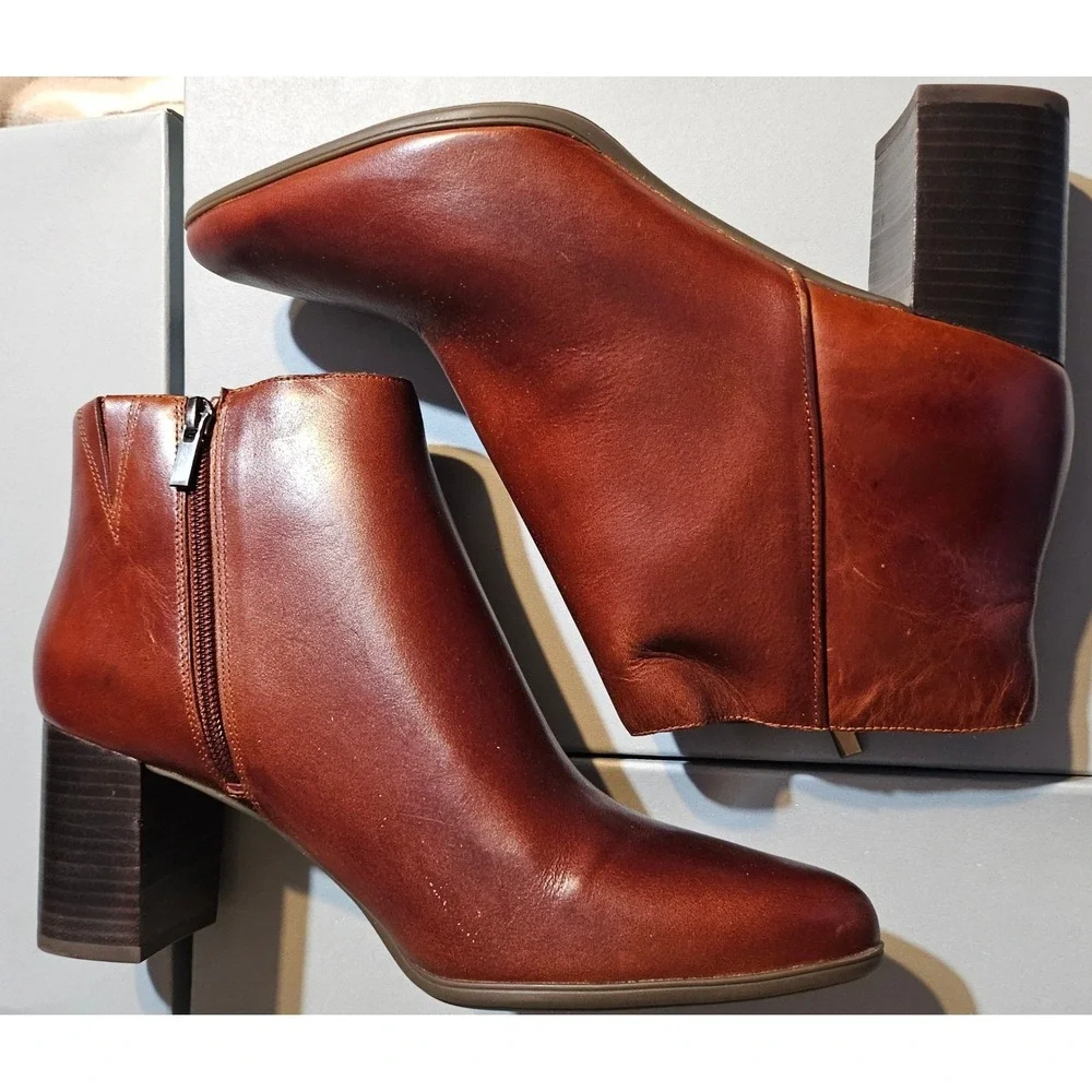 Rockport TN Lynix Ankle‎ Boots Havane Leather Block Heel Zip Womens 6M CG8352